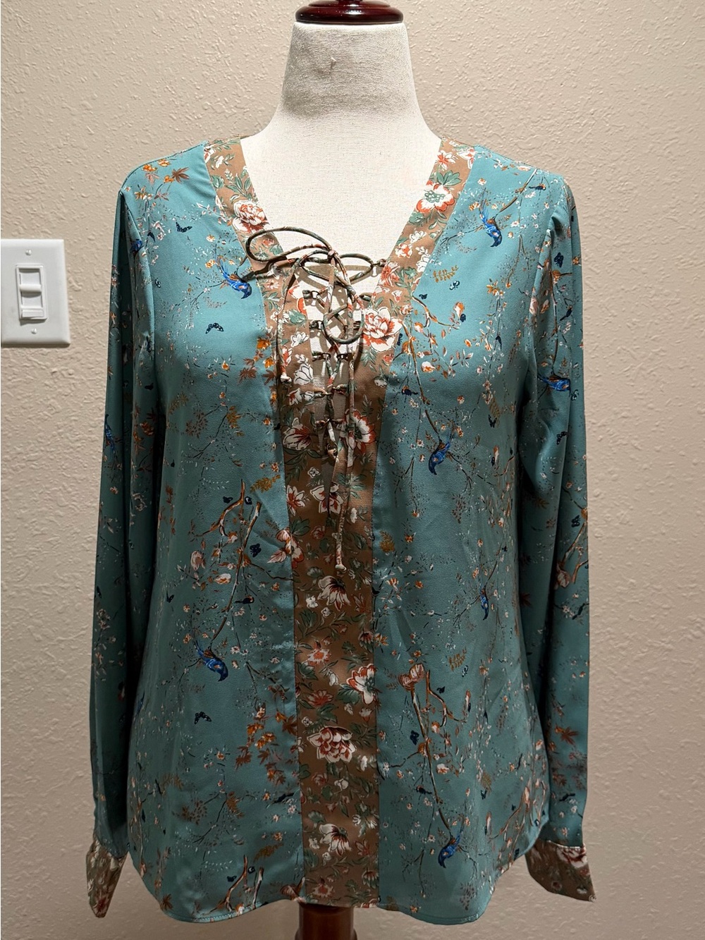Gimmicks Teal and Brown Floral Lace-Up V-Neck Top - Picture 2 of 6